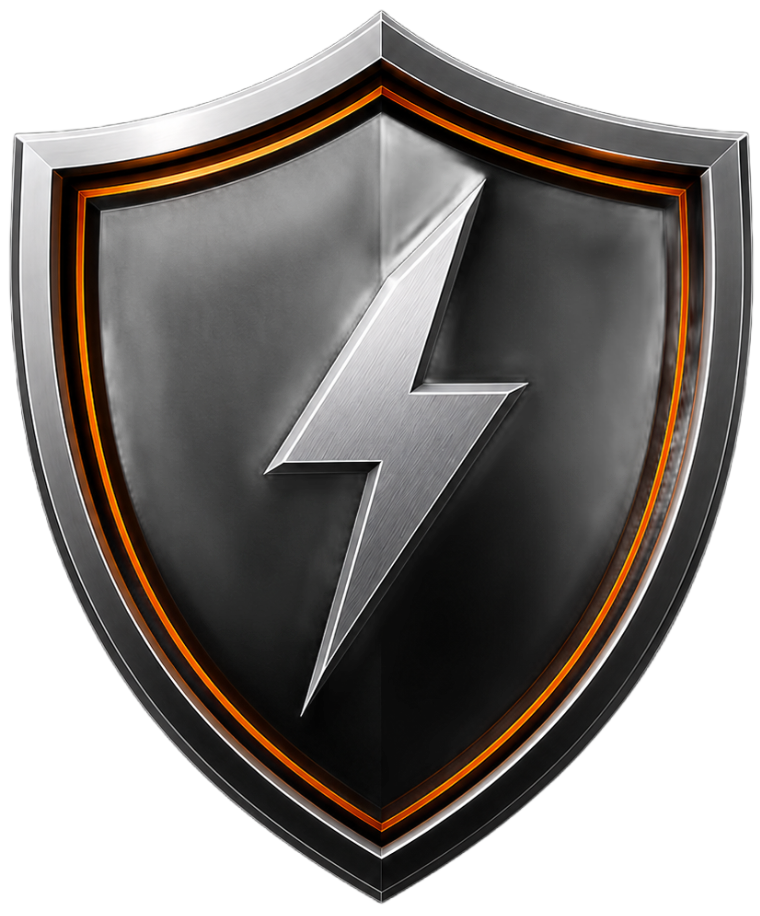 Black shield logo with an orange outline and silver lightning bolt icon