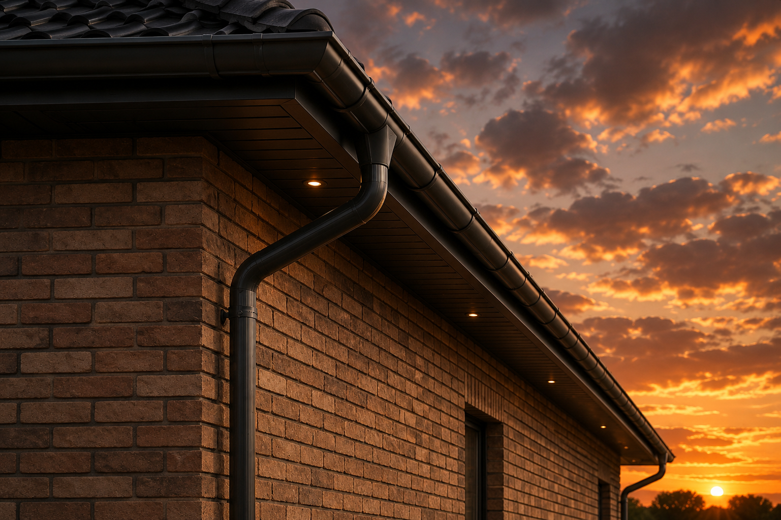 Brick house roofline at sunset with dark gutters against a glowing orange sky