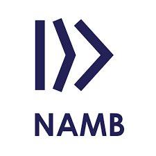 Logo for NAMB, featuring three dark blue geometric shapes to the left of the capitalized text