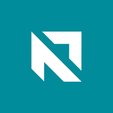 A white, geometric logo of an arrow pointing upwards within a square, set against a teal background.