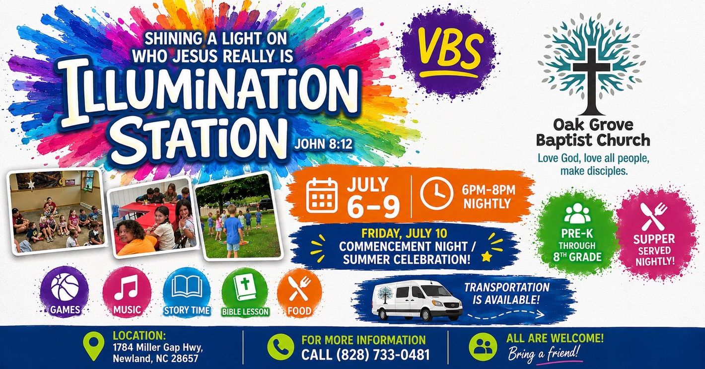Illumination Station VBS church flyer with bright colors, dates, and activity icons