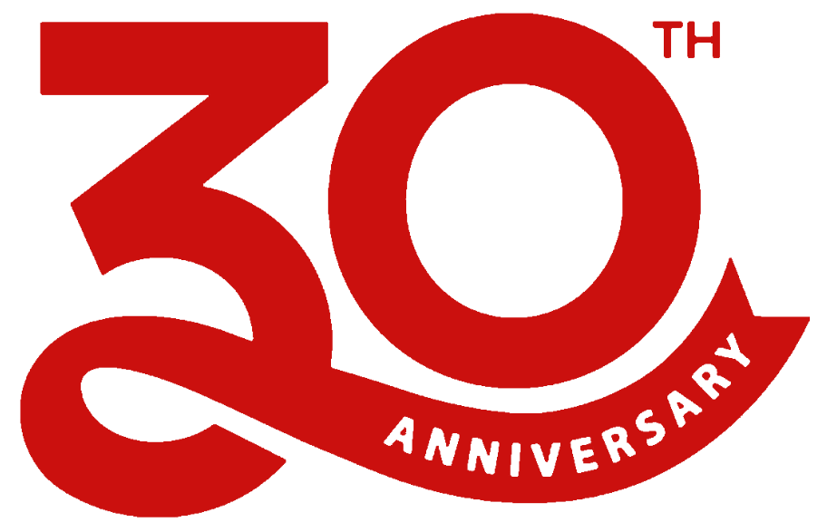 A red 30th anniversary logo on a white background