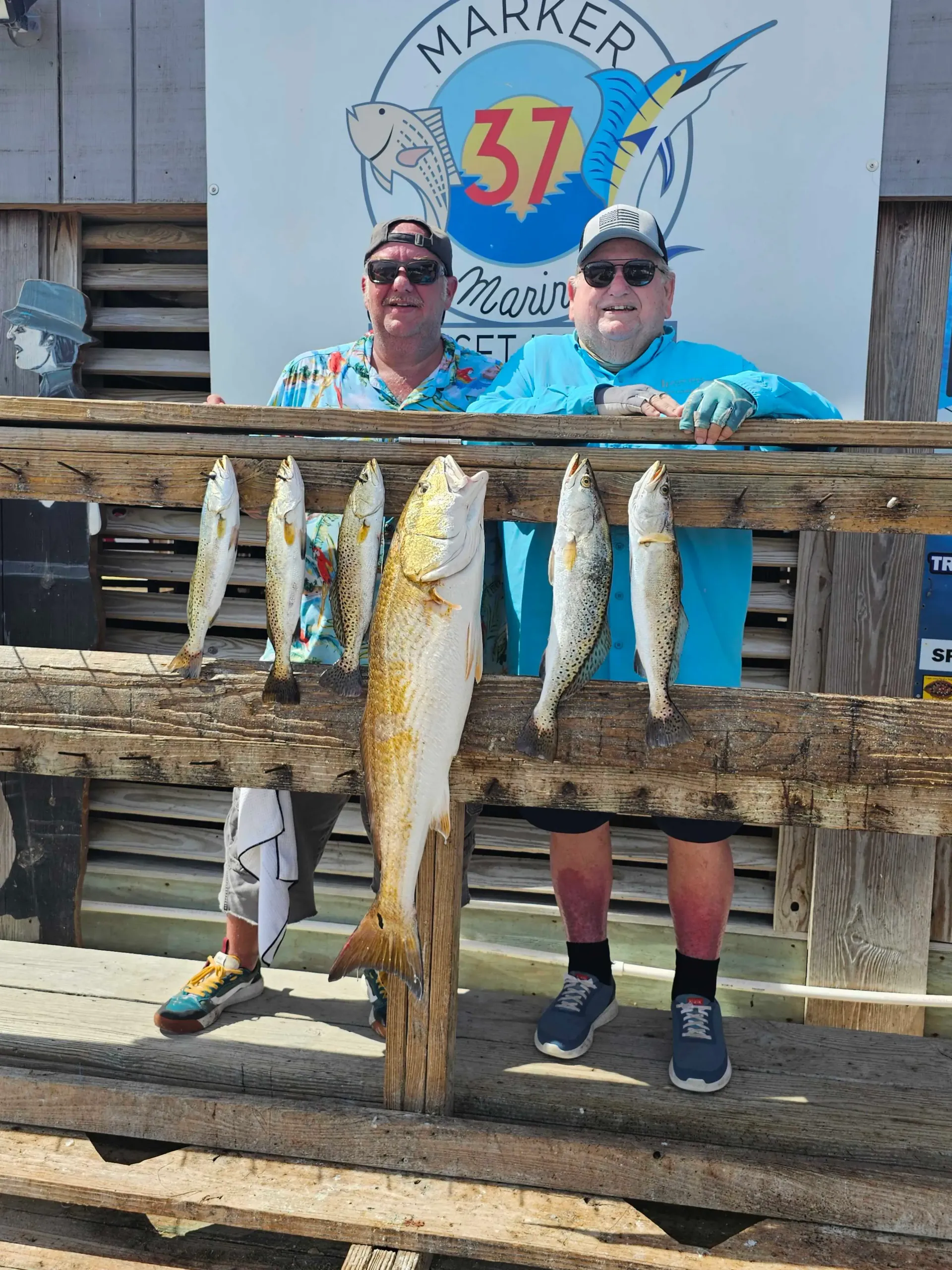Two men are standing next to each other holding a bunch of fish.