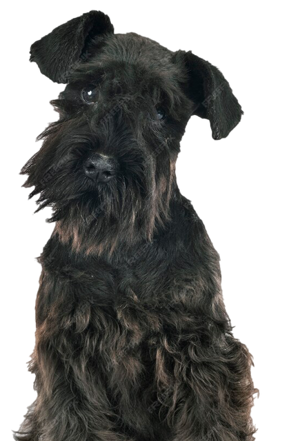 A black schnauzer dog is looking at the camera on a white background