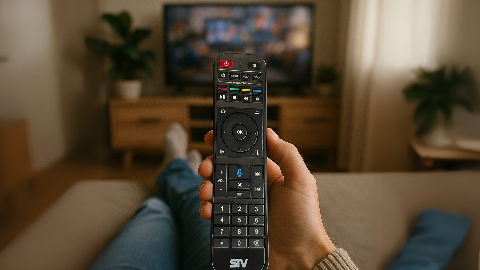 A person is holding a remote control in front of a television.