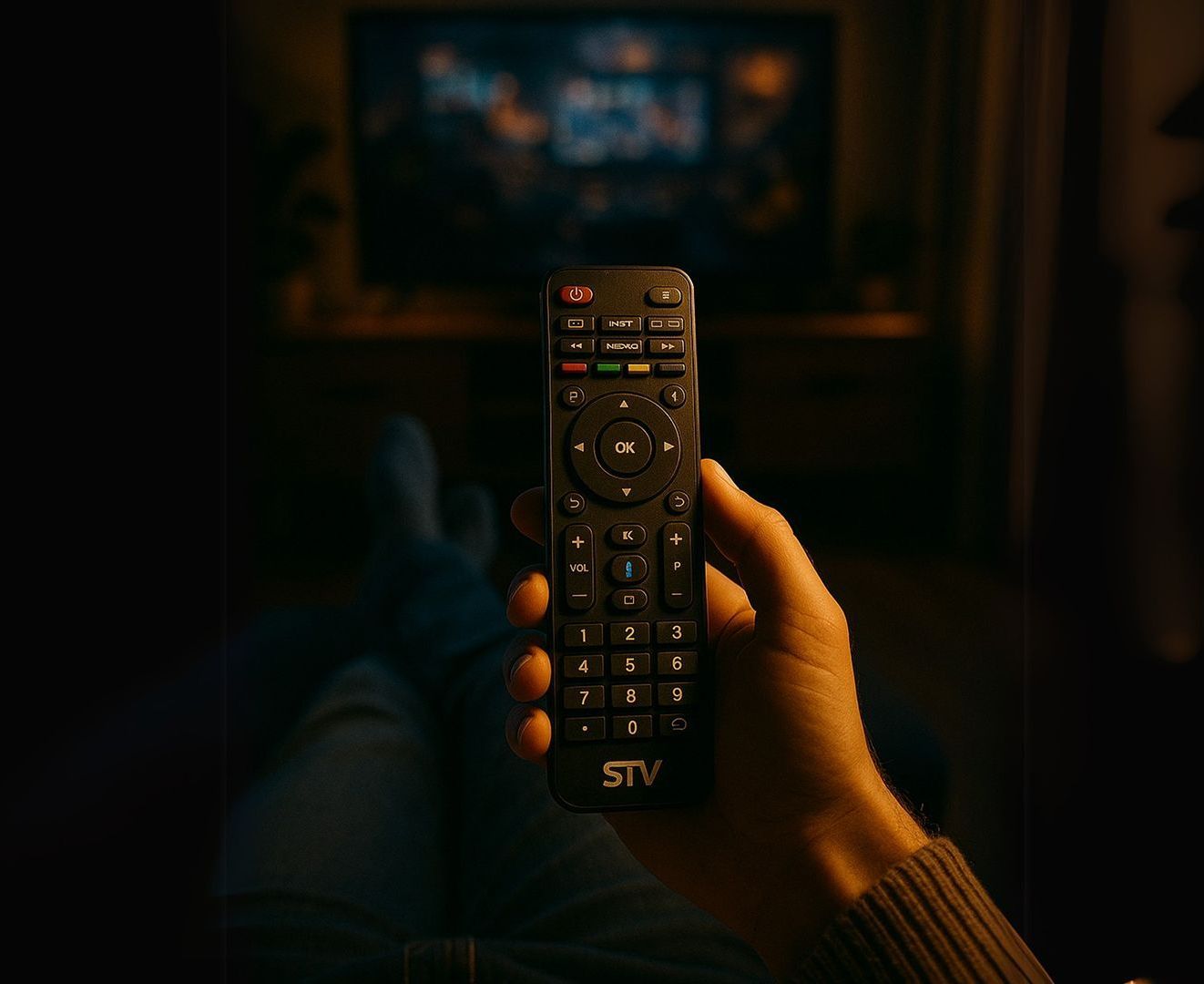 A person is holding a remote control in front of a television.