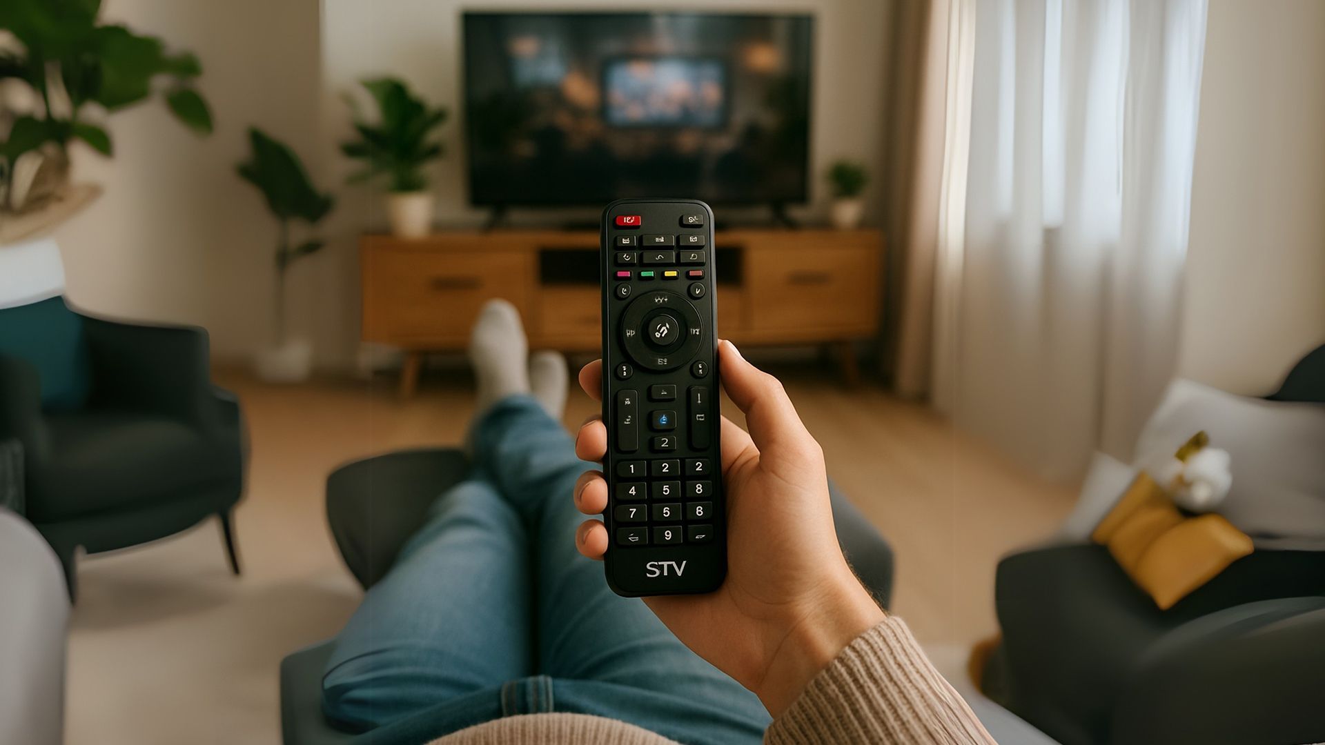 A person is holding a remote control in front of a television.