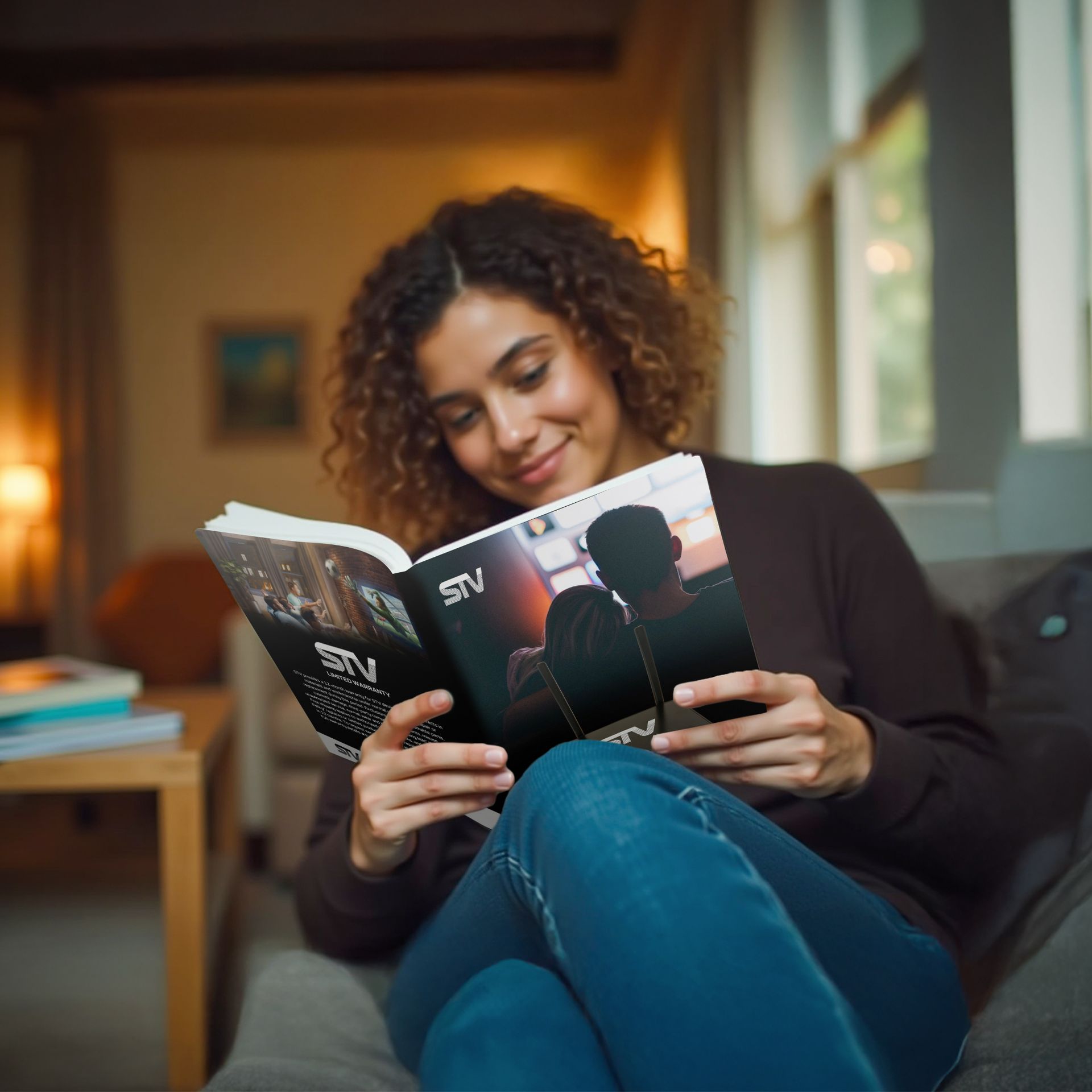 A woman is sitting on a couch reading a brochure.