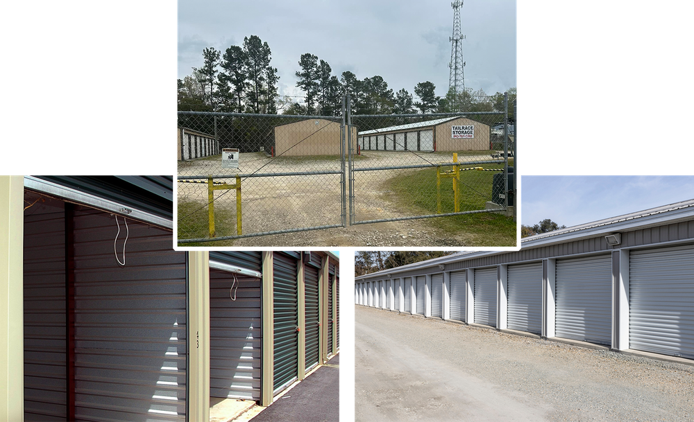 A row of garage doors are lined up next to each other on a gravel road.
