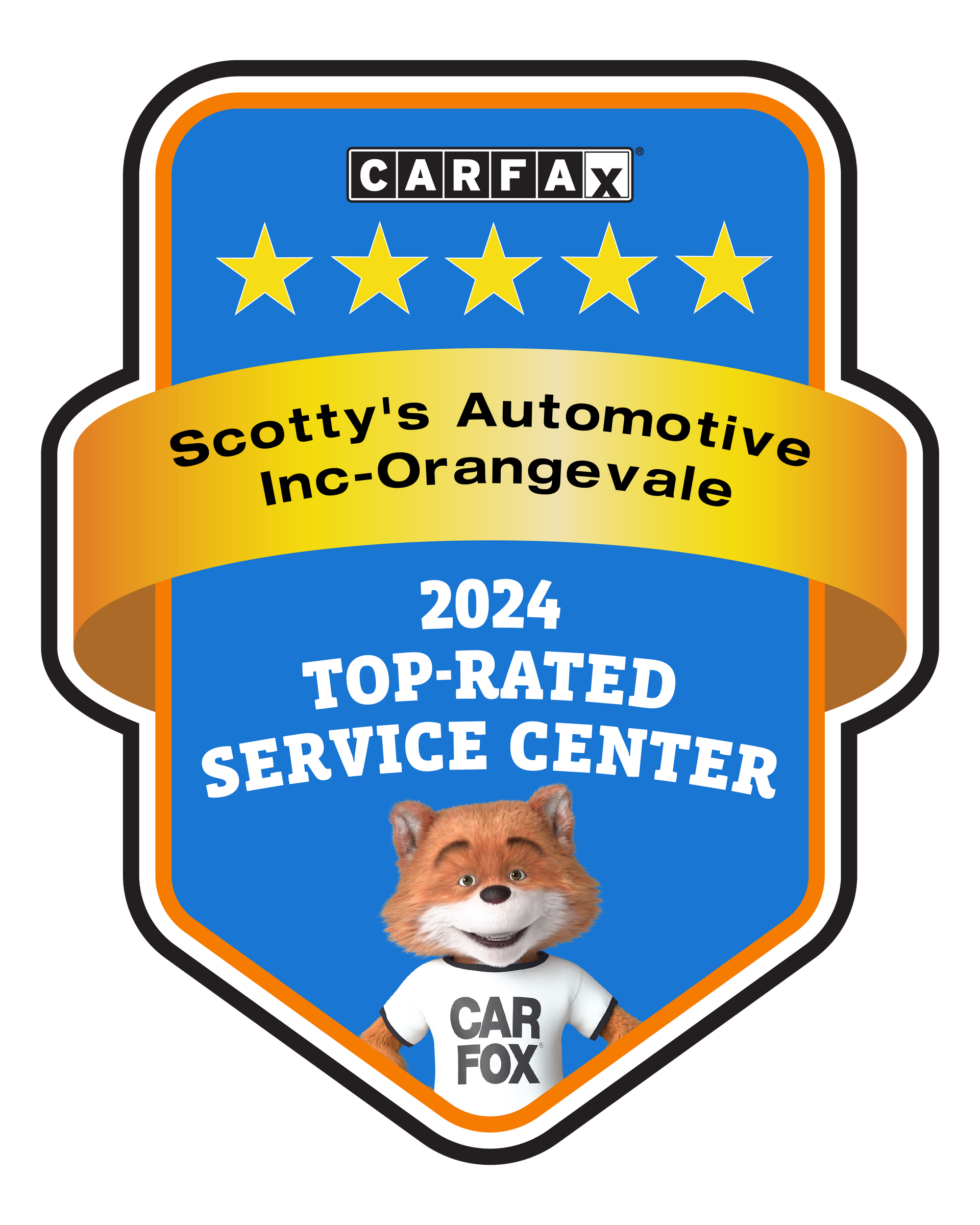 CARFAX 2024 Top-Rated Service Center badge for Scotty's Automotive in Orangevale, with Car Fox mascot