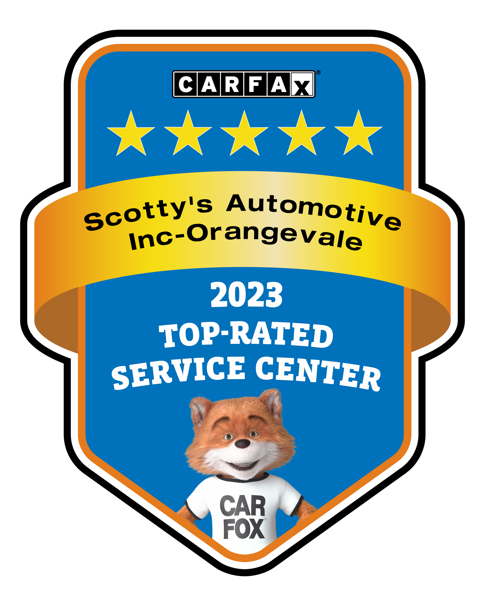 CARFAX 2023 Top-Rated Service Center badge for Scotty's Automotive Inc.-Orangevale, blue and gold with Car Fox mascot