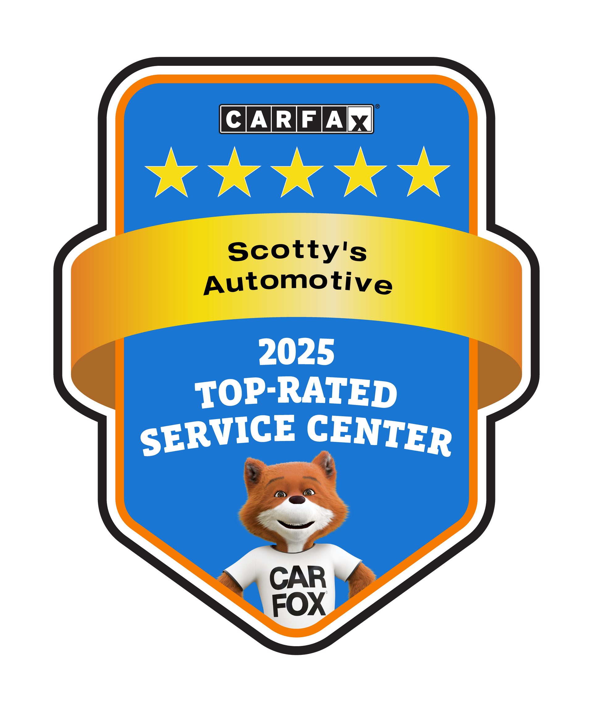 CARFAX 2025 Top-Rated Service Center badge for Scotty’s Automotive with Car Fox mascot and stars