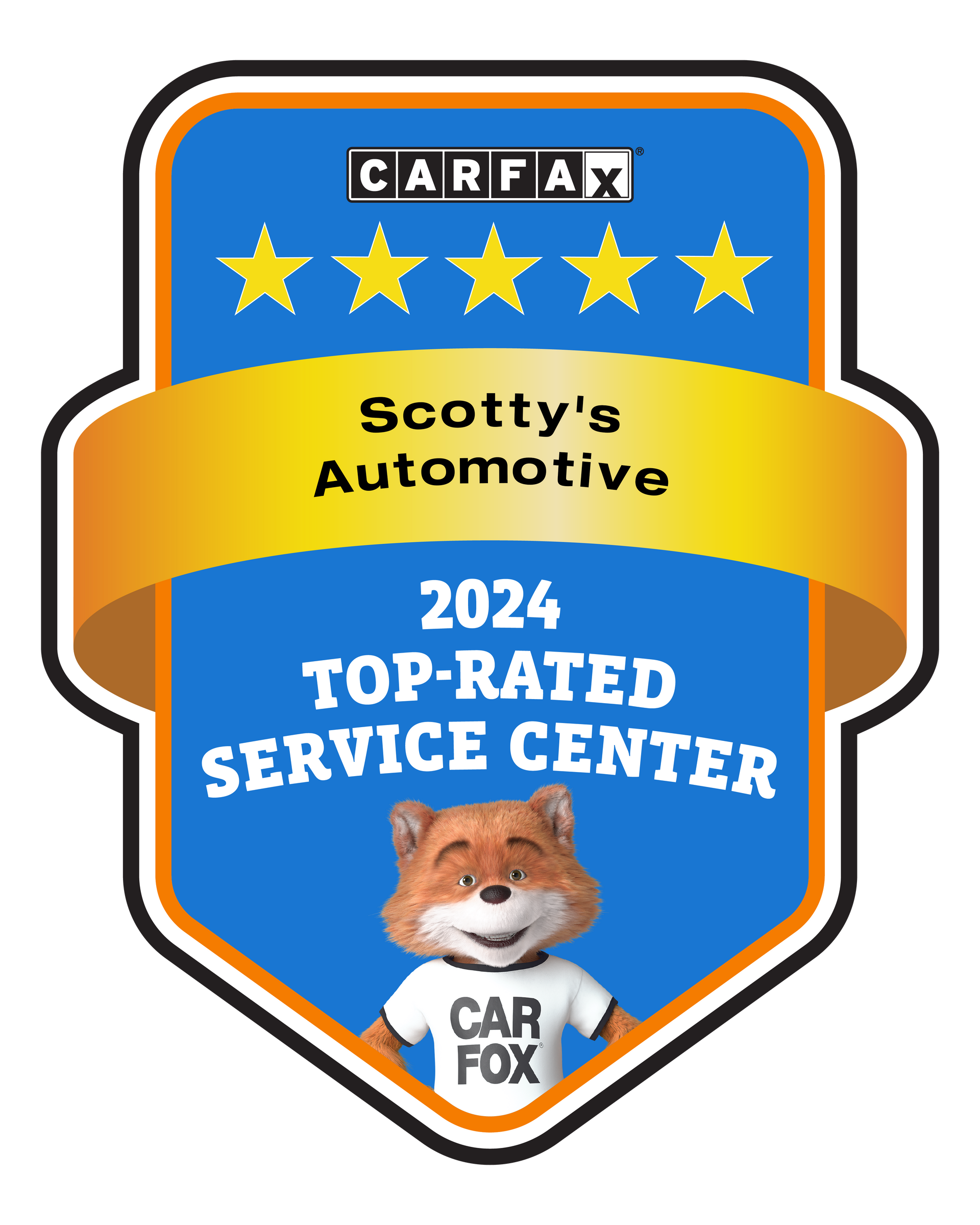 CARFAX 2024 Top-Rated Service Center badge for Scotty’s Automotive with stars and Car Fox mascot