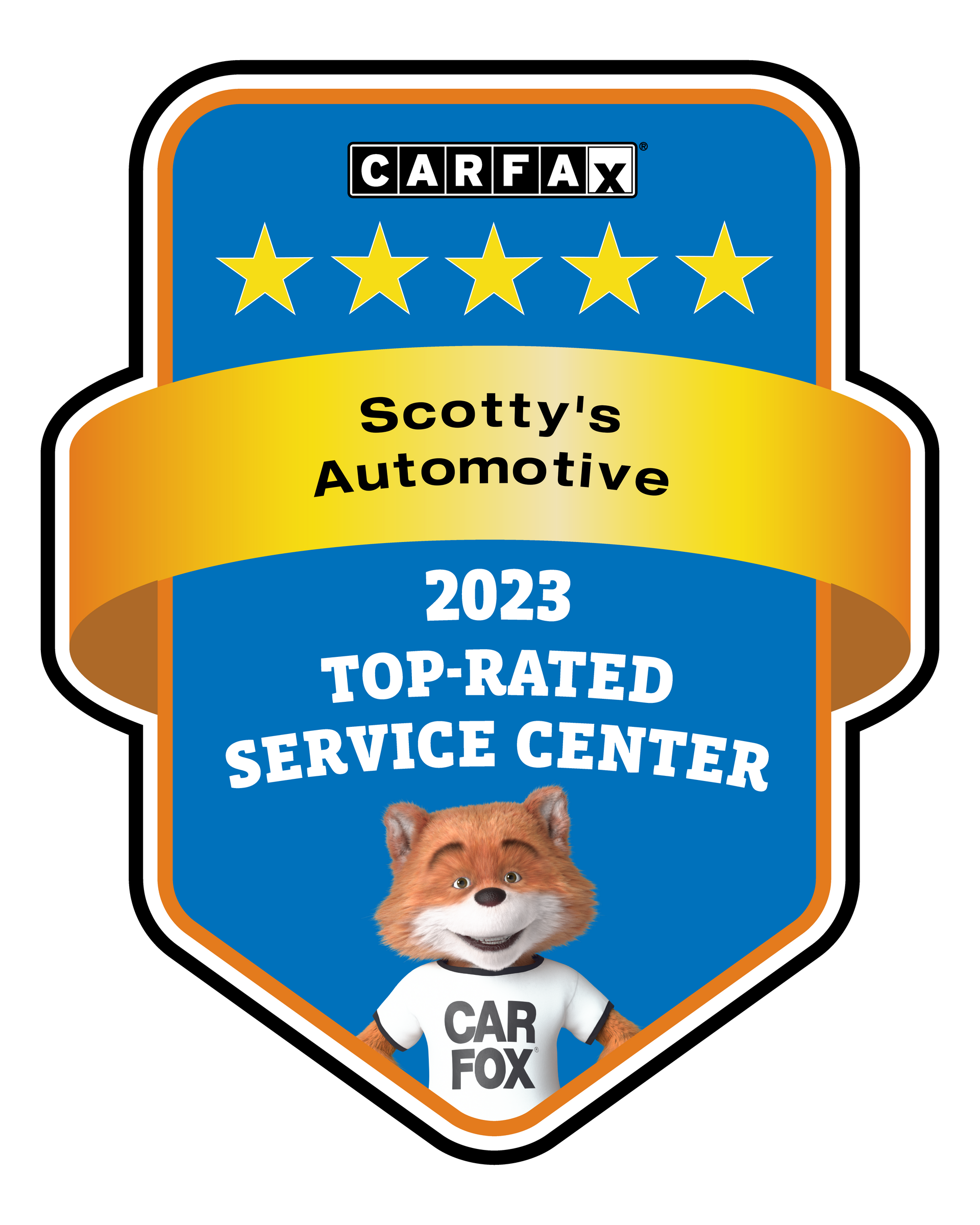 CARFAX badge for Scotty's Automotive, 2023 top-rated service center, blue and gold with Car Fox mascot