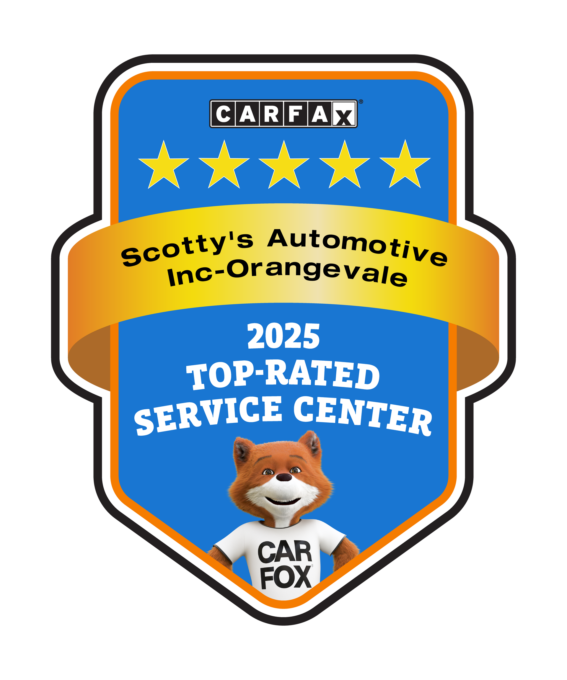 CARFAX badge for Scotty’s Automotive Inc.-Orangevale: 2025 top-rated service center with Car Fox mascot