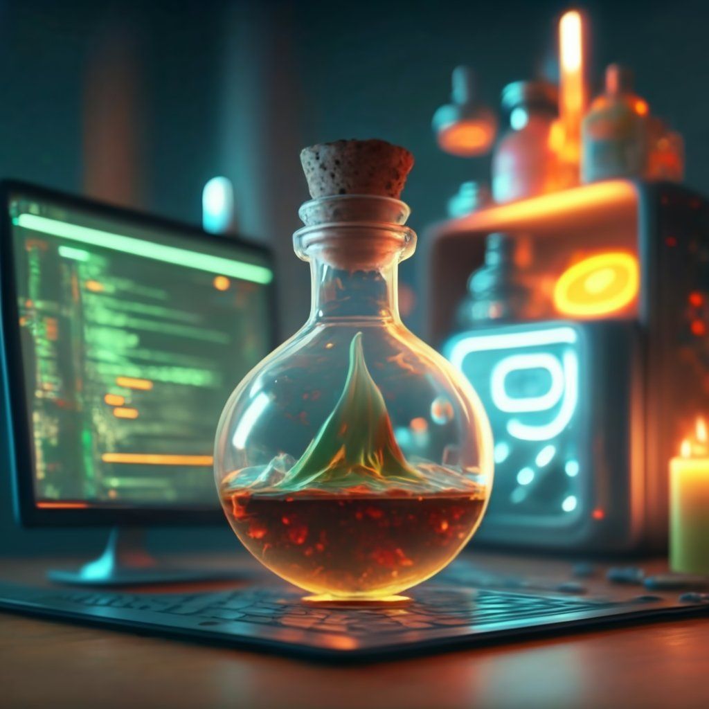a bottle of liquid sits on a desk in front of a computer monitor