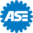 Blue ASE logo: white letters