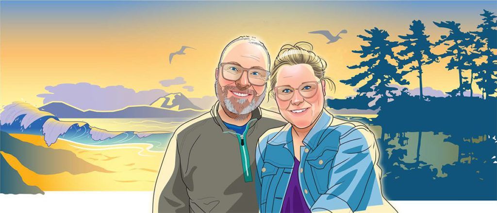 Smiling couple by a lakeside at sunset with trees and a mountain silhouette