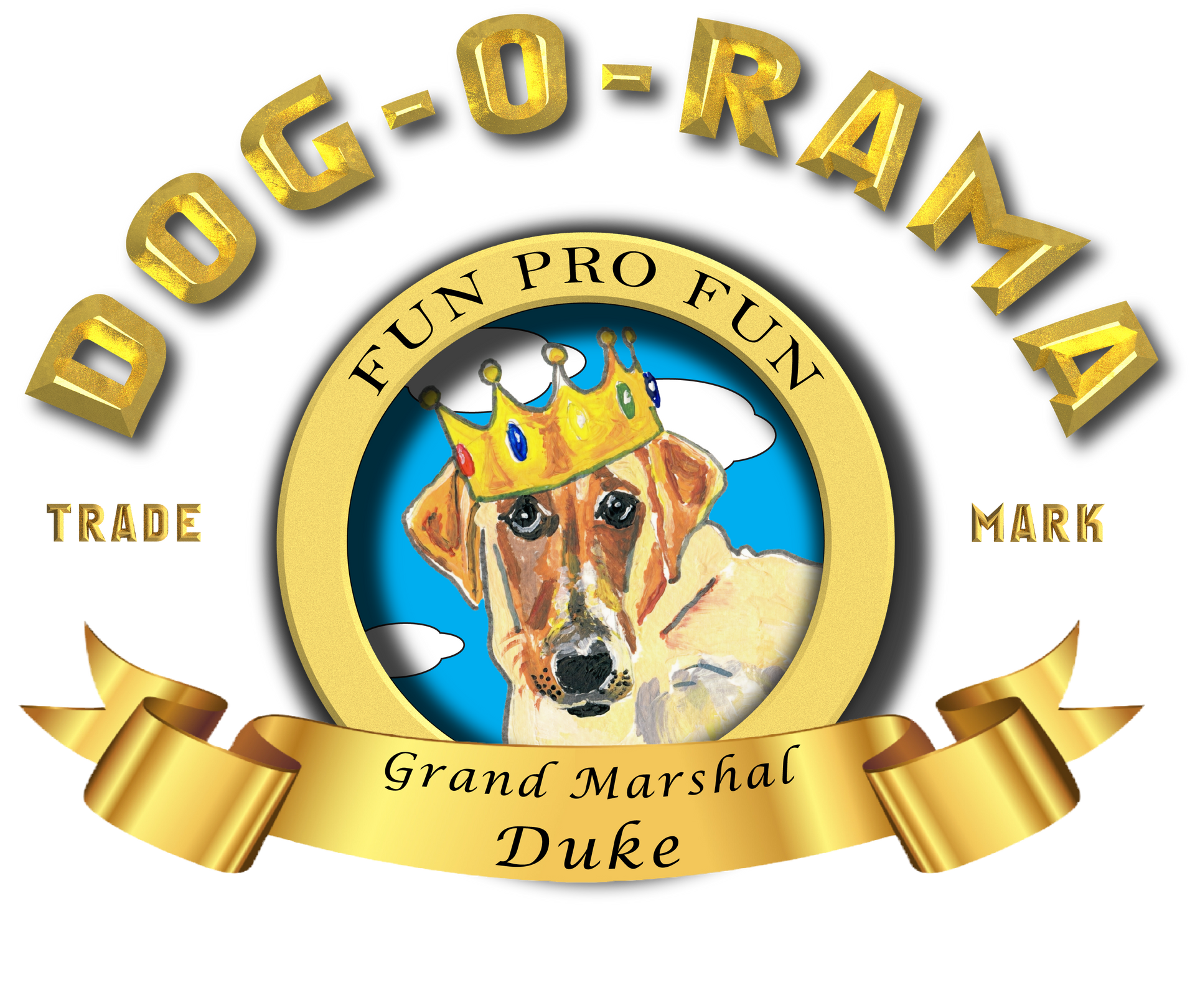 Dog-O-Rama logo with crowned dog in gold medallion and ribbon reading “Fun Pro Fun,” “Grand Marshal Duke”