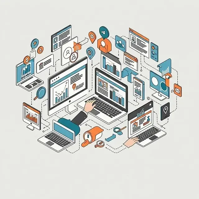 An isometric illustration of a person using a laptop and a computer.