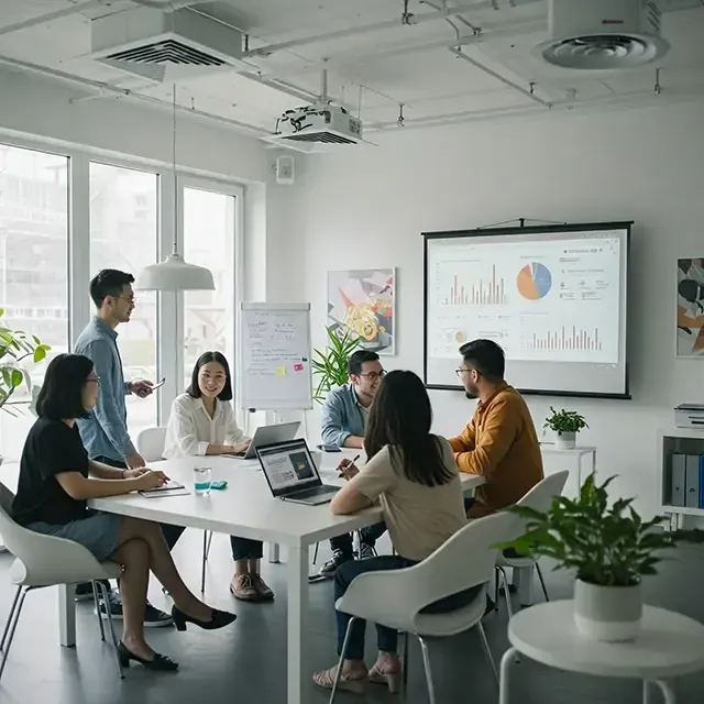 A group of people are sitting around a table in a conference room.