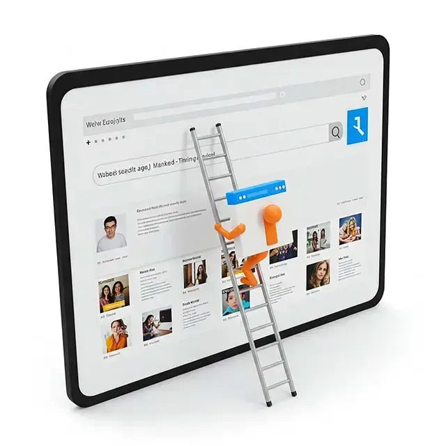 A 3d man is climbing a ladder on a tablet screen.