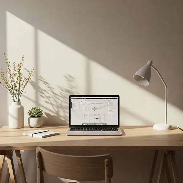 A laptop computer is sitting on a wooden desk next to a lamp.