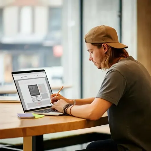 A man is sitting at a table using a laptop computer.