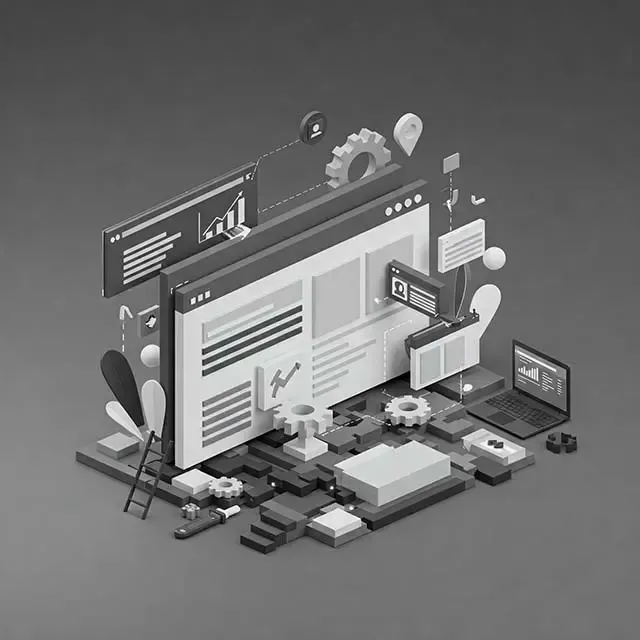 It is a black and white illustration of a website.
