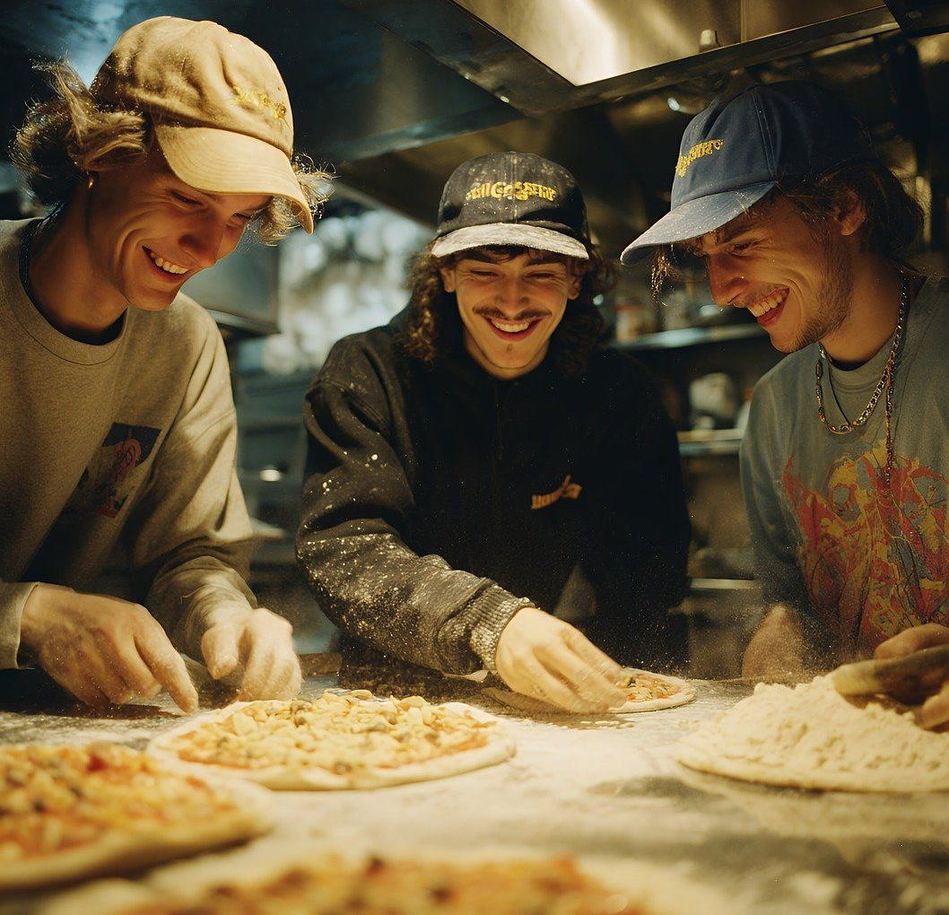 Three people smiling while making pizzas in a kitchen.