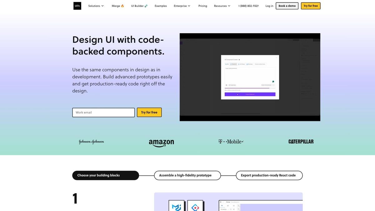 Website promoting UI design with code-backed components, with a login form example.