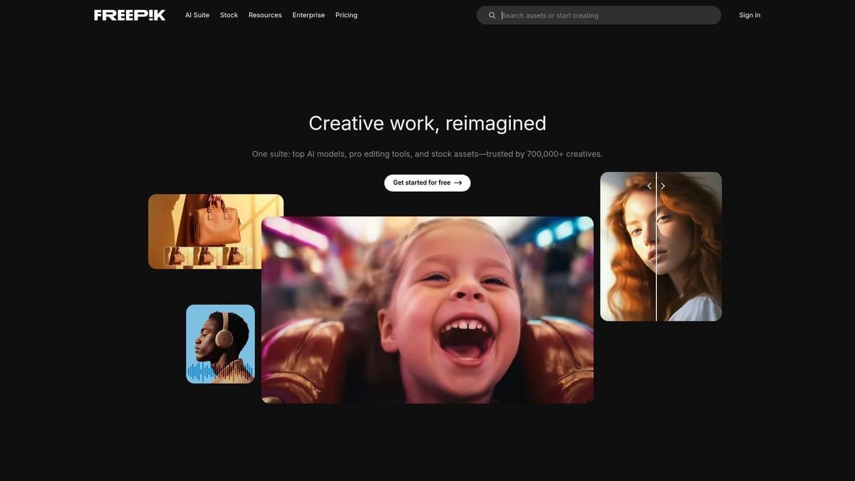 Freepik website homepage with a smiling child and various images against a dark background.
