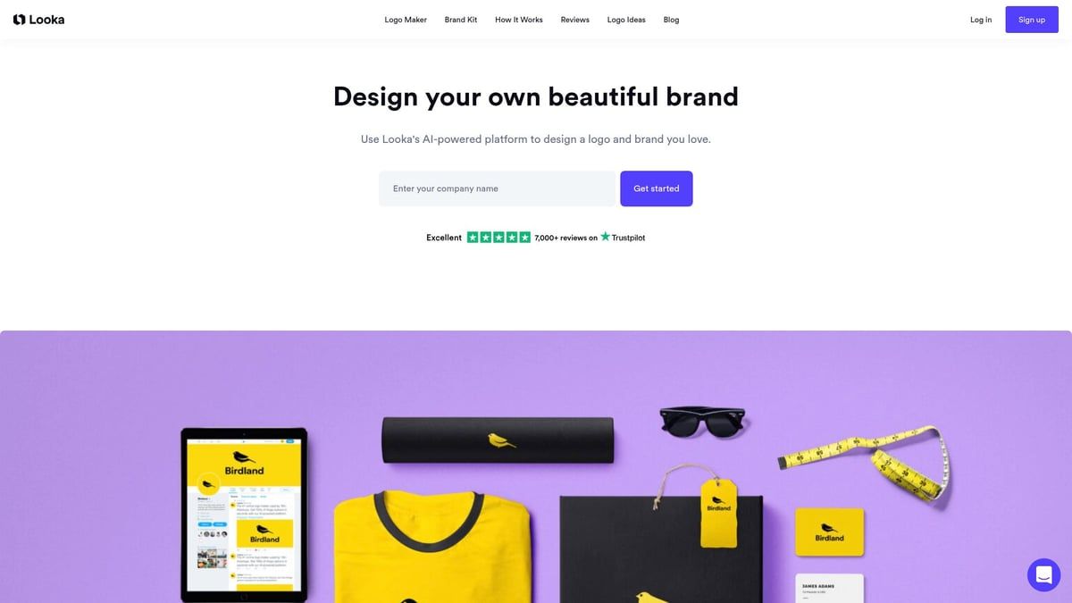 Website homepage for brand design service with purple background and brand examples.