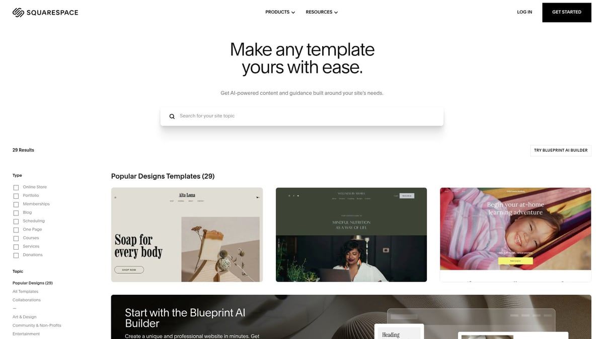 Website homepage showcasing templates; search bar prominent, template examples below.