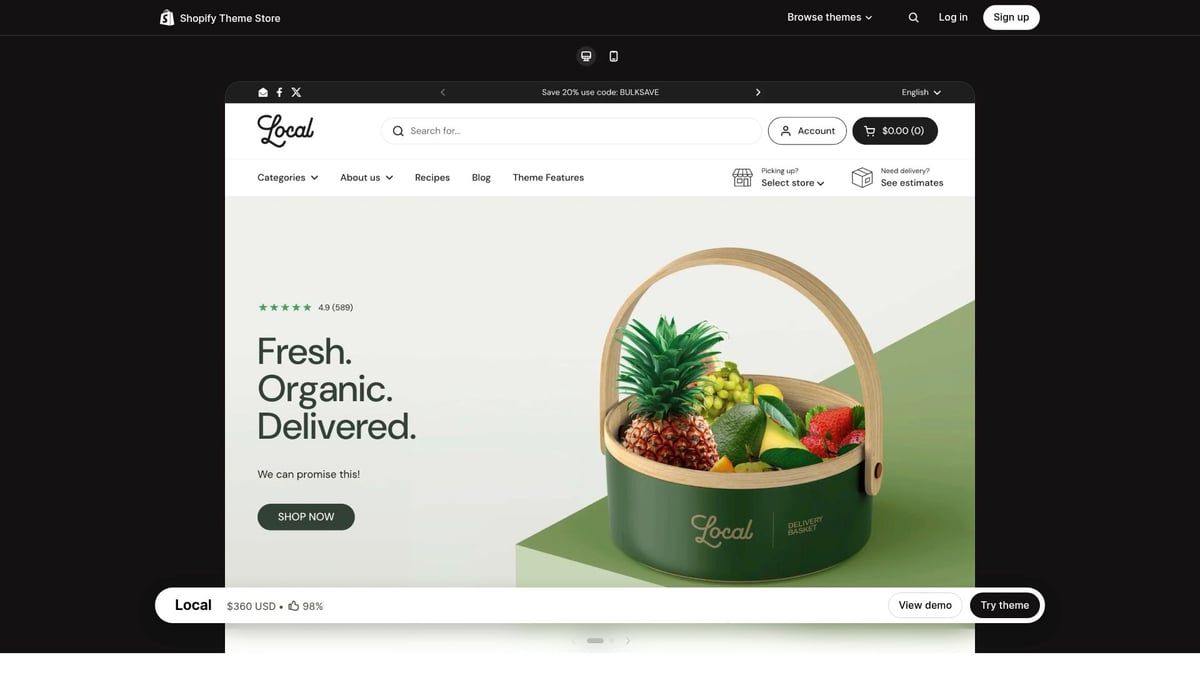 Website landing page for a fruit delivery service: green basket with fruit, white background,