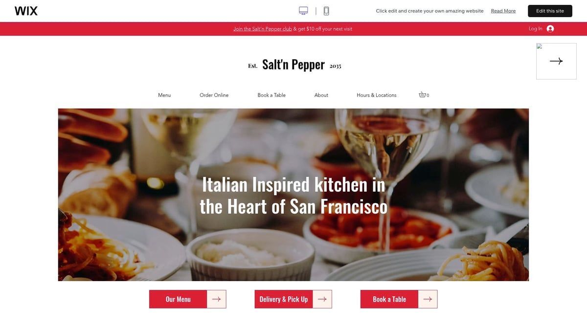 Salt & Pepper restaurant website, with Italian food images, and call-to-action buttons.