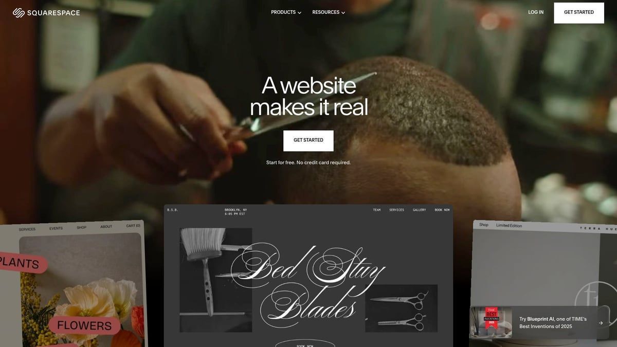 Barber cutting hair, website landing page with tagline: