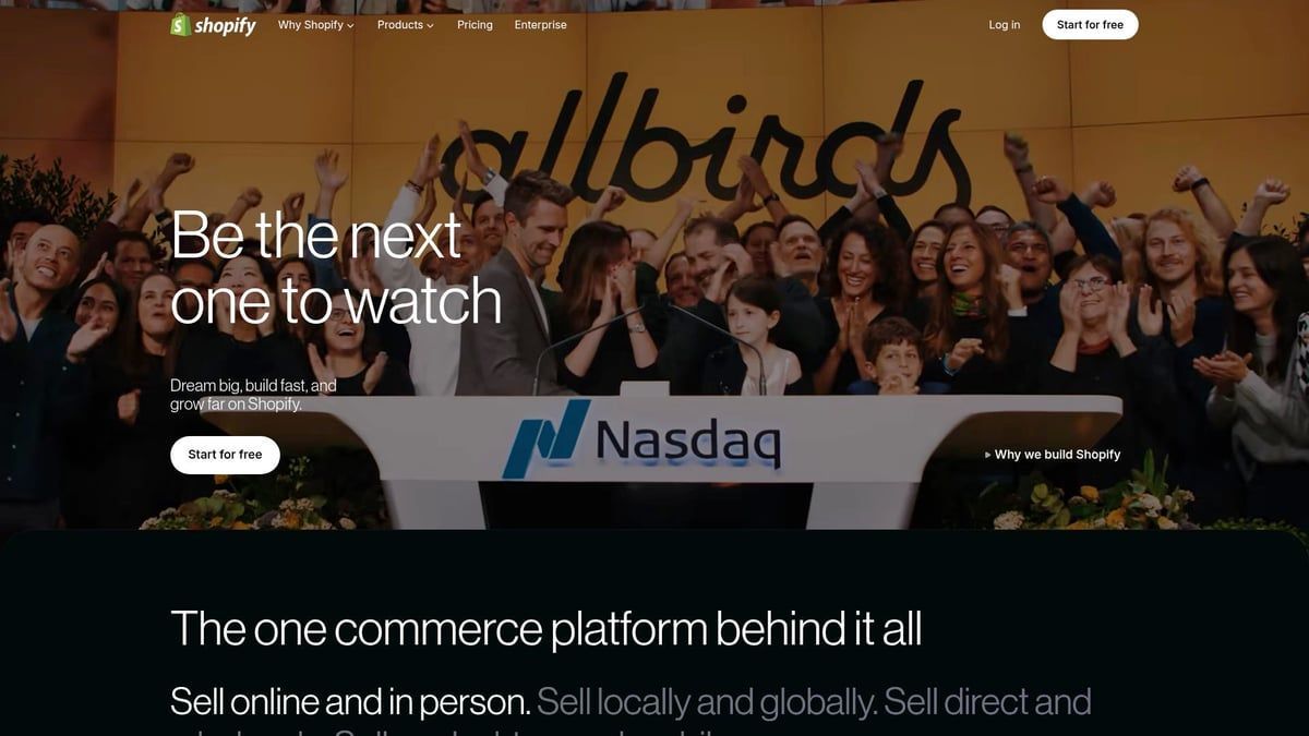 Shopify homepage featuring Allbirds branding. People celebrate in front of the NASDAQ sign.