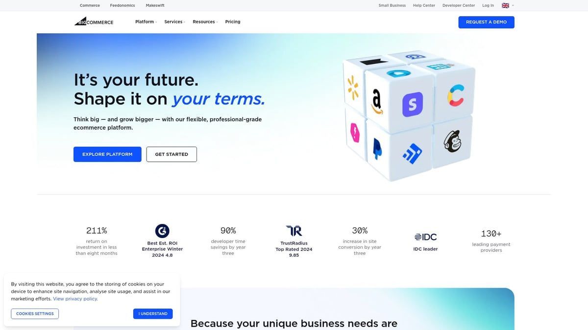 Homepage with a 3D cube displaying logos, and the text