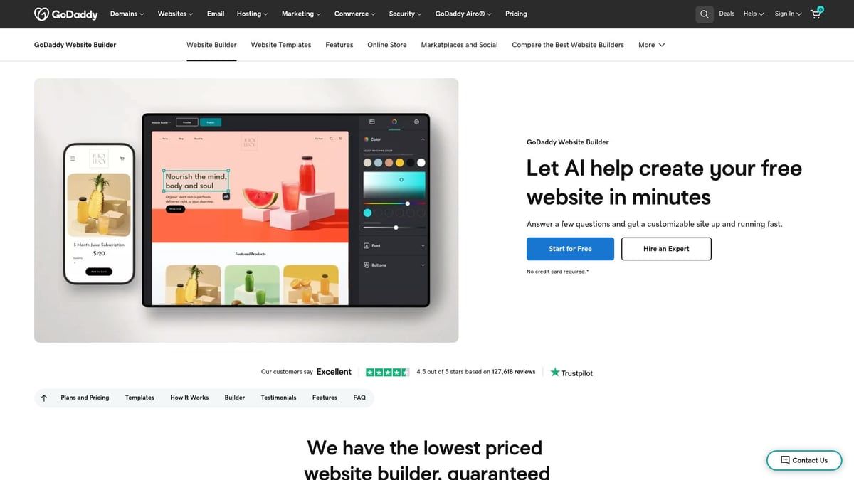 Website builder homepage: phone and laptop with website examples and an AI prompt.