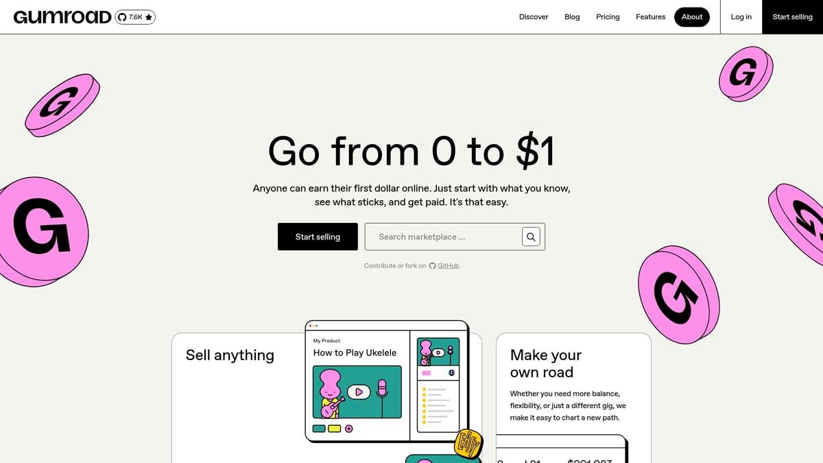 Gumroad website homepage with coins floating around the text “Go from 0 to $1”.