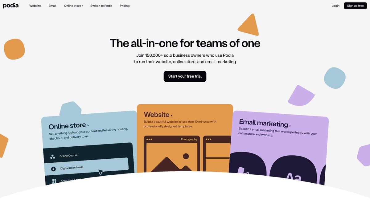 Website homepage showcasing features with geometric shapes and headline