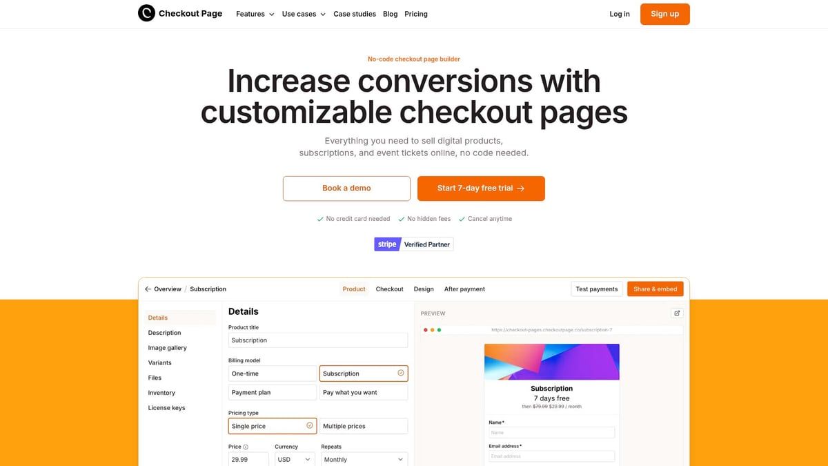 Website promoting customizable checkout pages with an orange and white color scheme.