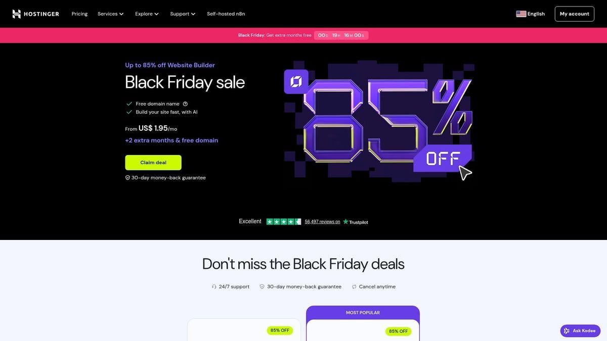 Black Friday sale banner, 85% off, neon purple and green, black background.