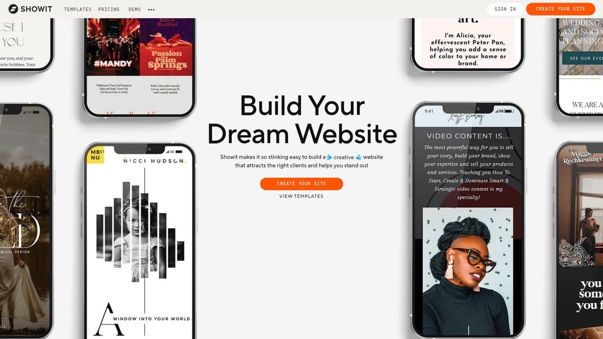 Website builder advertisement showcasing website designs on mobile screens.