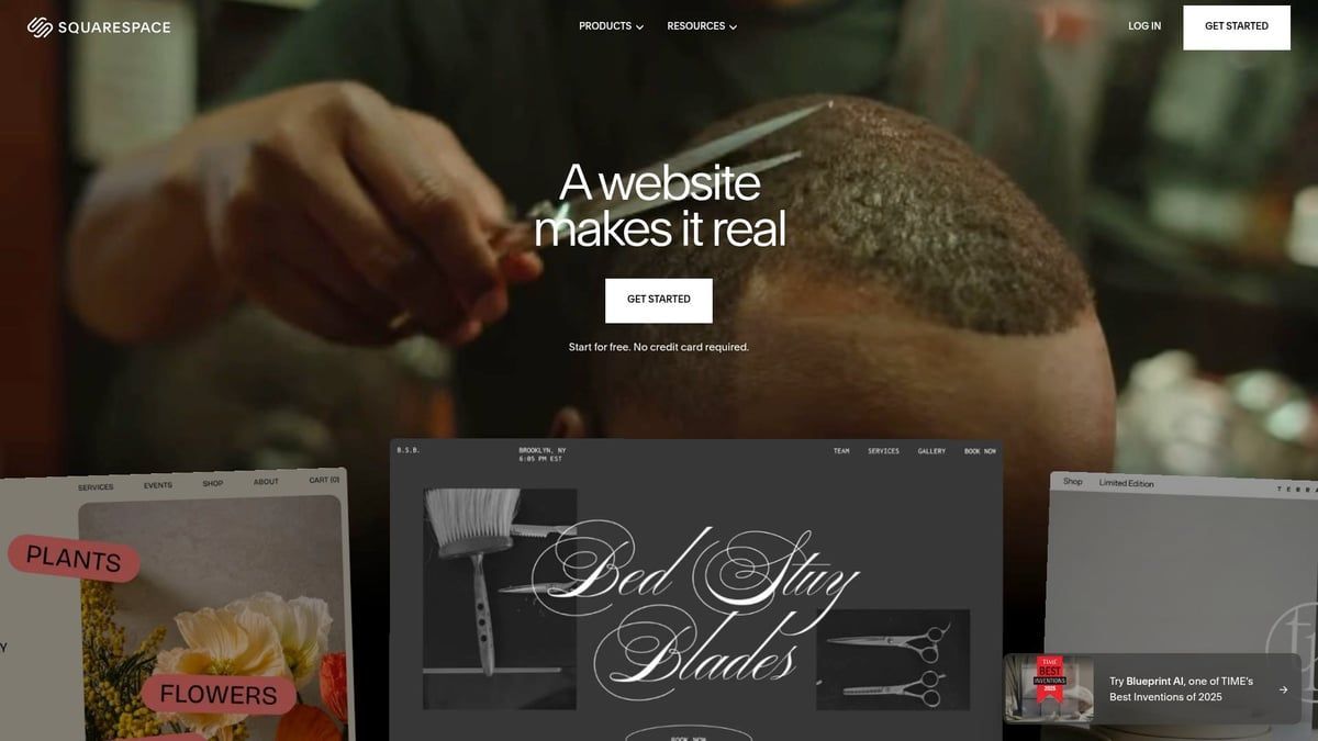 A person cutting hair, website promotional display with example website previews.