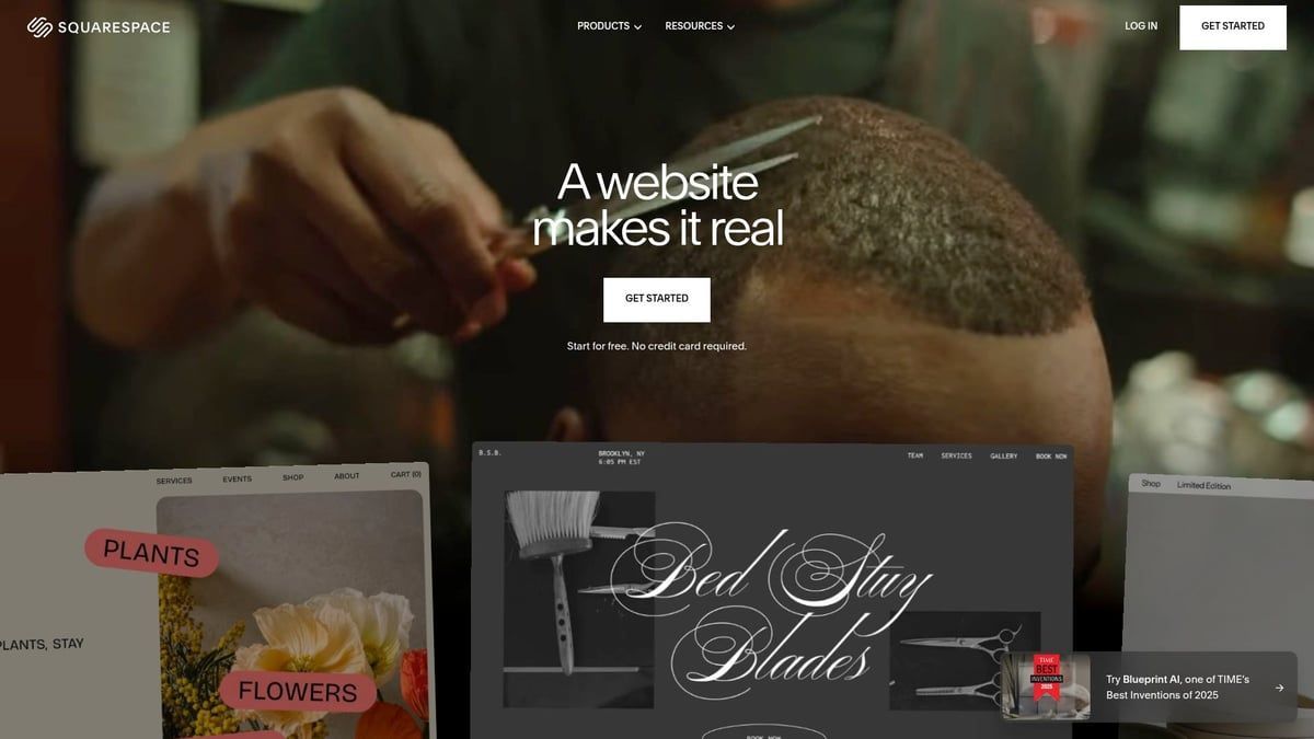 A barber cutting hair with a website overlay, showcasing three example website designs.
