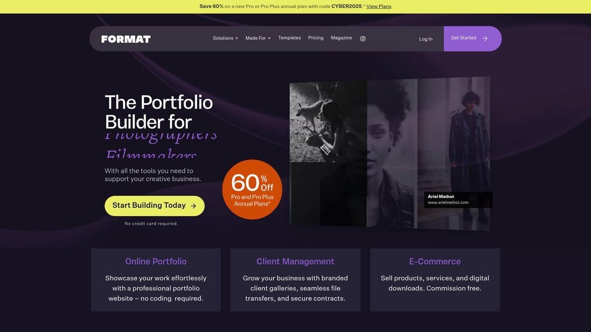 FORMAT website homepage with portfolio builder ad and images. 60% off promotion.