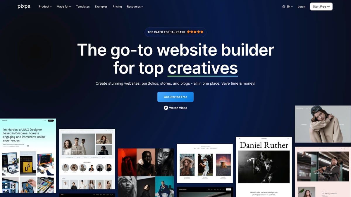 Web page for a website builder, showcasing various creative websites against a dark blue background.