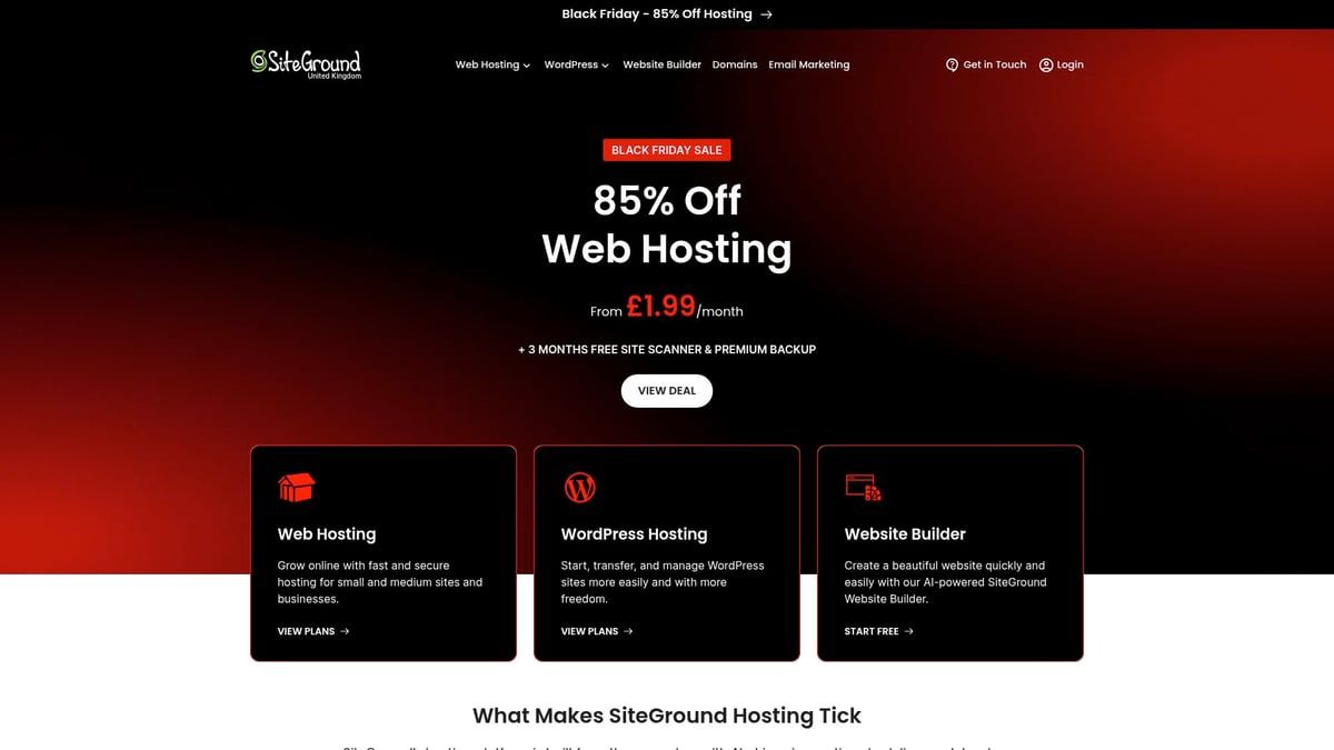 Web hosting website with red and black design; 85% off sale on hosting.